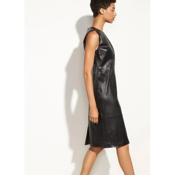 Vince Sleeveless Leather Knee-length Dress In Black - Picture 5 of 10